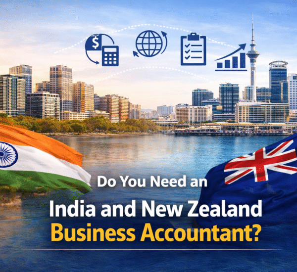 alt="India and New Zealand Business Accountant illustrated with flat cross-border accounting graphics, financial icons, and India–New Zealand business connection"