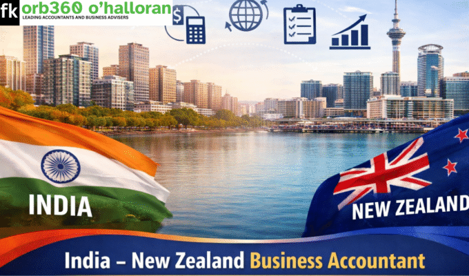 alt="India and New Zealand Business Accountant illustrated with flat business graphics, financial icons, and cross-border accounting concepts"