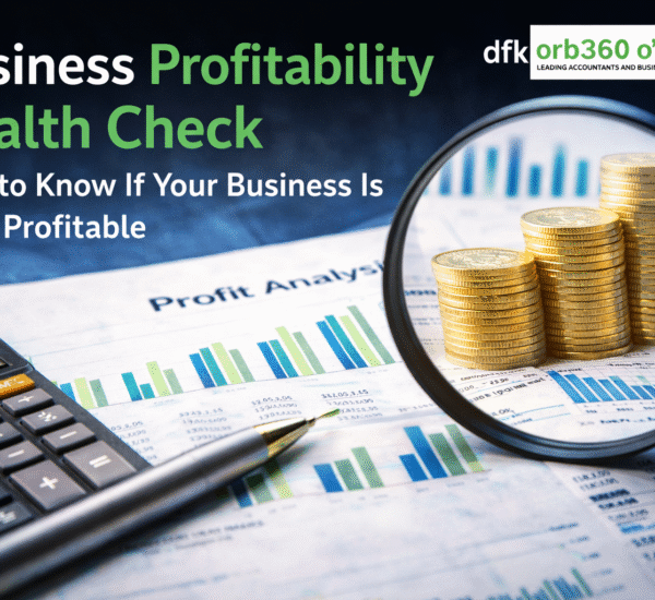Business profitability health check analysis showing profit graphs and financial reports by DFK Orb360