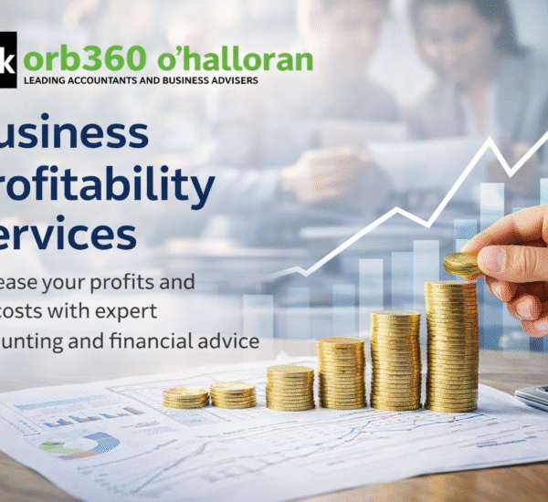 “Business profitability services feature image showing stacked coins, growth chart, and DFK Orb360 O’Halloran logo to represent financial performance improvement.”