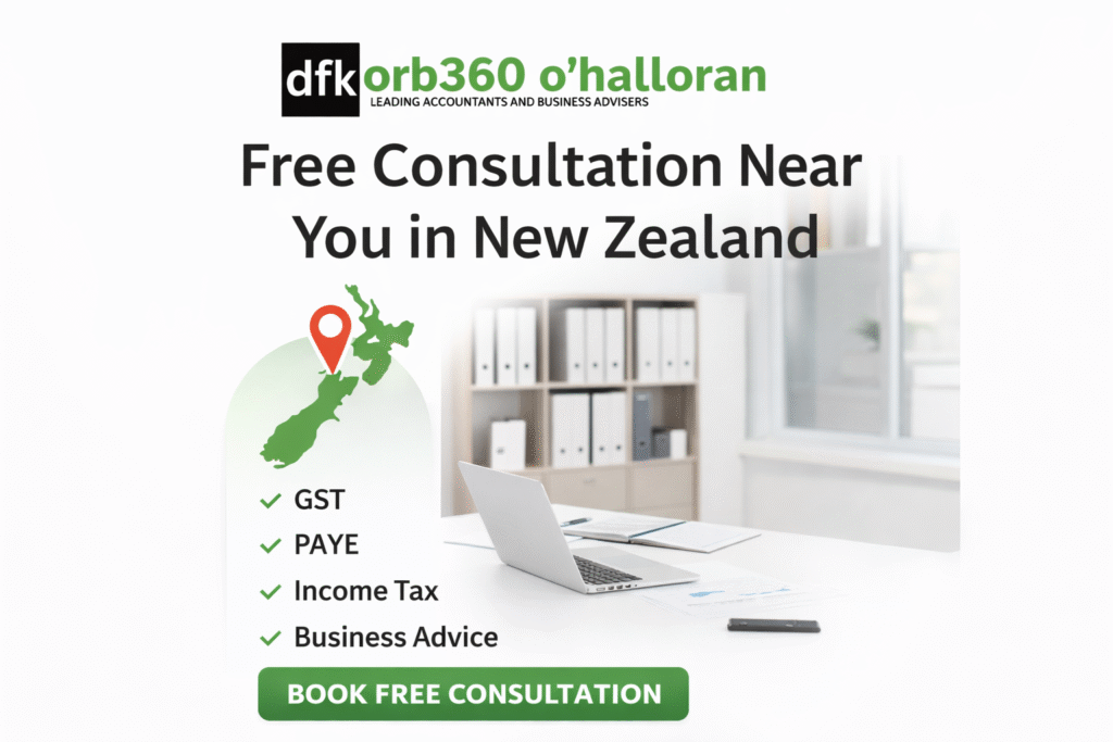 Free consultation accountant in New Zealand offering GST PAYE income tax and business advisory services by DFK Orb360
