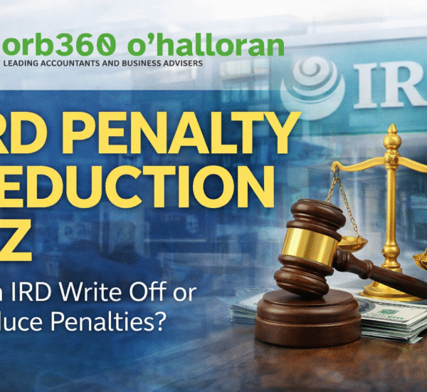 IRD Penalty Reduction NZ feature image showing penalty write-off, IRD compliance and tax relief guidance by DFK Orb360