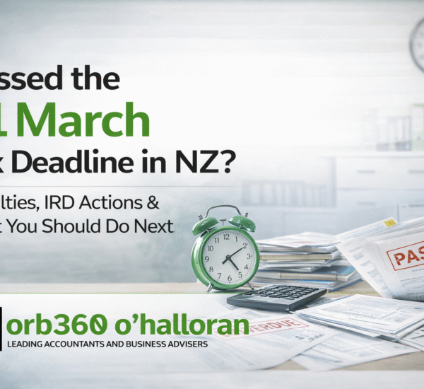 Missed 31 March Tax Deadline NZ showing overdue tax documents, calculator and key information about IRD penalties and next steps by DFK Orb360