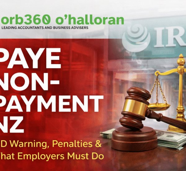 PAYE Non-Payment NZ feature image showing IRD warning, penalties, and employer compliance risks with DFK Orb360 branding