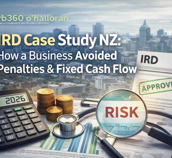 IRD case study NZ image showing business avoiding penalties with risk analysis and DFK Orb360 O’Halloran branding