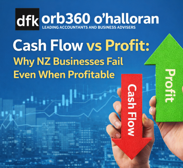 cash flow vs profit NZ illustration with arrows and DFK Orb360 O’Halloran logo
