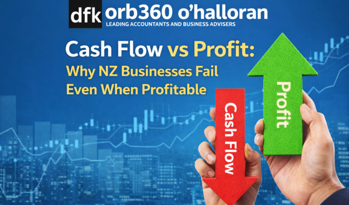 cash flow vs profit NZ illustration with arrows and DFK Orb360 O’Halloran logo