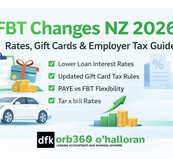 FBT changes NZ 2026 infographic showing updated rates, gift card tax rules, PAYE vs FBT flexibility and employer tax guide by DFK Orb 360