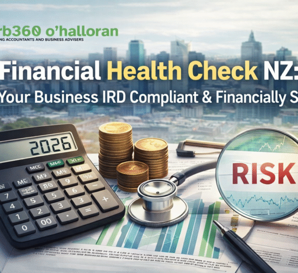 financial health check NZ image showing calculator, coins, risk analysis and DFK Orb360 O’Halloran logo