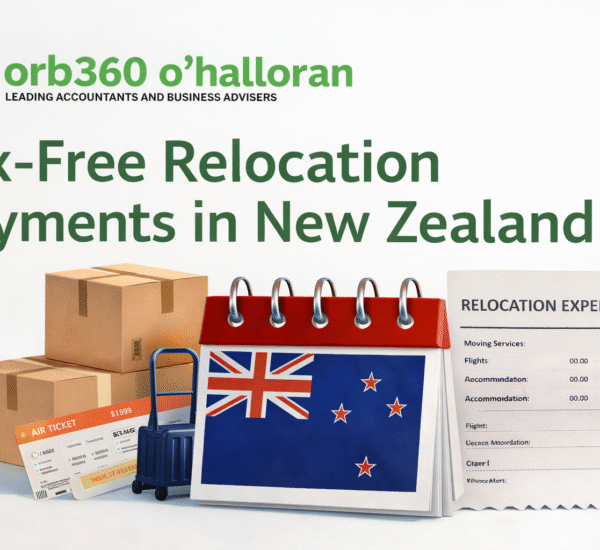 Tax free relocation payments NZ guide with DFK Orb360 O’Halloran logo showing moving boxes, travel tickets and relocation expenses