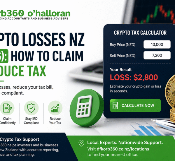 Crypto losses NZ calculator by DFK Orb 360 showing how to calculate crypto tax loss and reduce tax in New Zealand