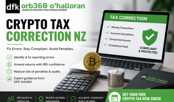 Crypto tax correction NZ guide by DFK Orb360 showing how to fix crypto tax errors and avoid IRD penalties