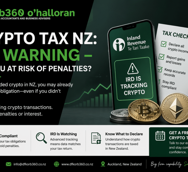 Crypto tax NZ IRD warning image showing crypto compliance checklist penalties risk and tax reporting guidance DFK Orb360