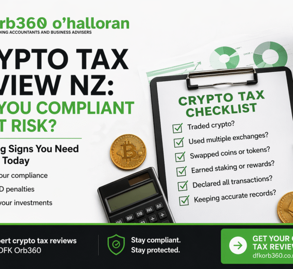 Crypto tax review NZ checklist image showing 7 warning signs compliance risks IRD penalties and crypto tax review service DFK Orb360
