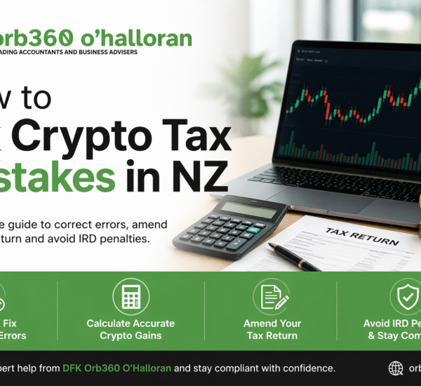 Fix crypto tax mistakes in NZ guide image showing tax return amendment crypto charts IRD compliance and DFK Orb360 advisory services