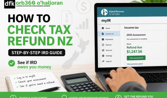 How to check tax refund NZ using IRD myIR account showing refund amount on screen by DFK Orb360