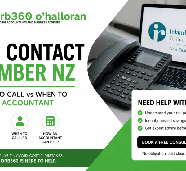 IRD contact number NZ infographic showing when to call Inland Revenue vs using an accountant DFK Orb360