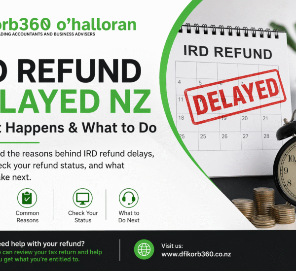 IRD refund delayed NZ infographic explaining why refunds are delayed and how to check status in myIR DFK Orb360