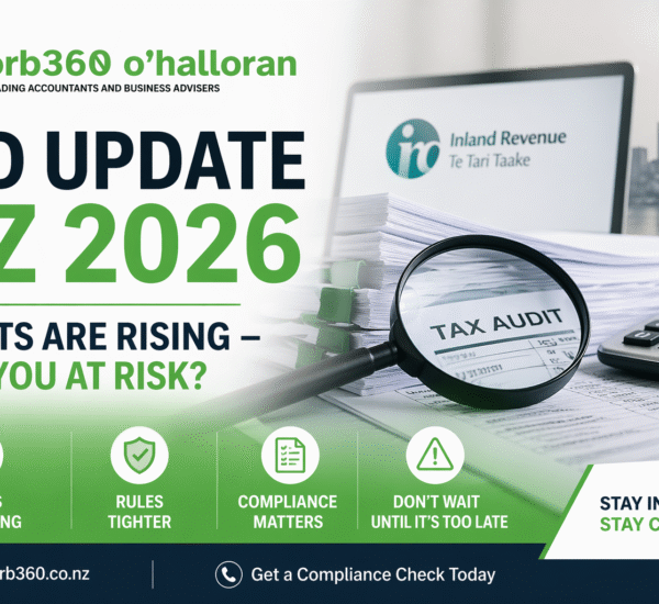 IRD Update NZ 2026 showing rising audits and tax compliance risks with DFK Orb360 advisory branding