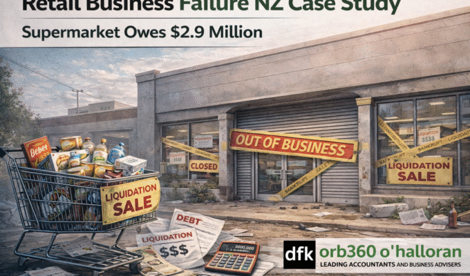 Retail business failure NZ case study showing supermarket closure due to debt, GST and cash flow issues