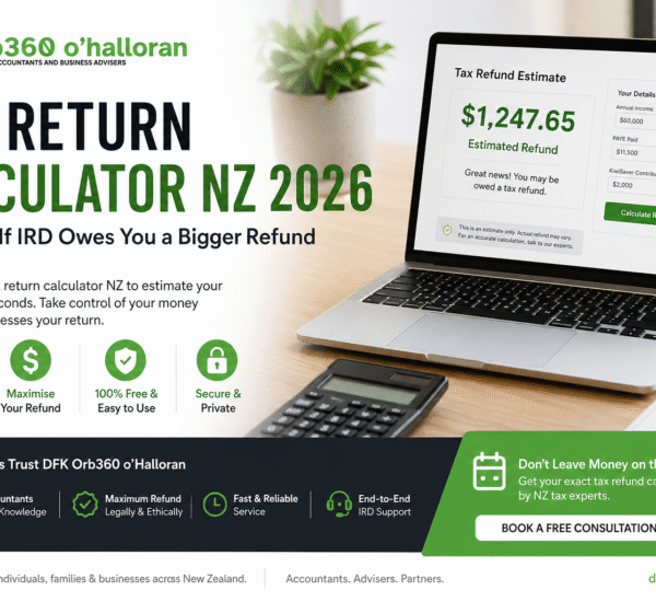 Tax return calculator NZ 2026 showing estimated tax refund on laptop by DFK Orb360