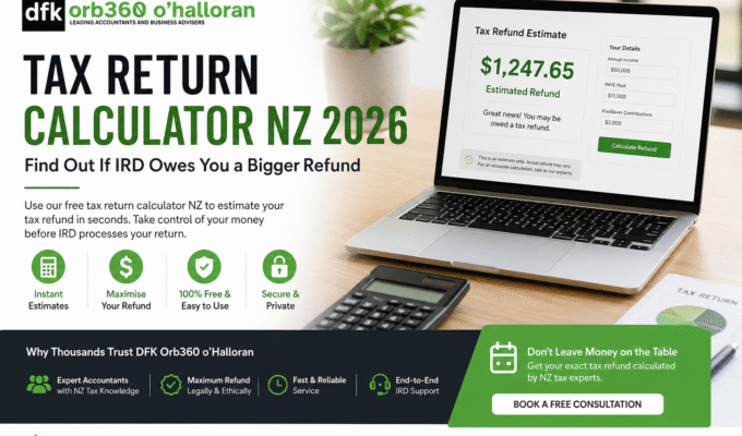 Tax return calculator NZ 2026 showing estimated tax refund on laptop by DFK Orb360