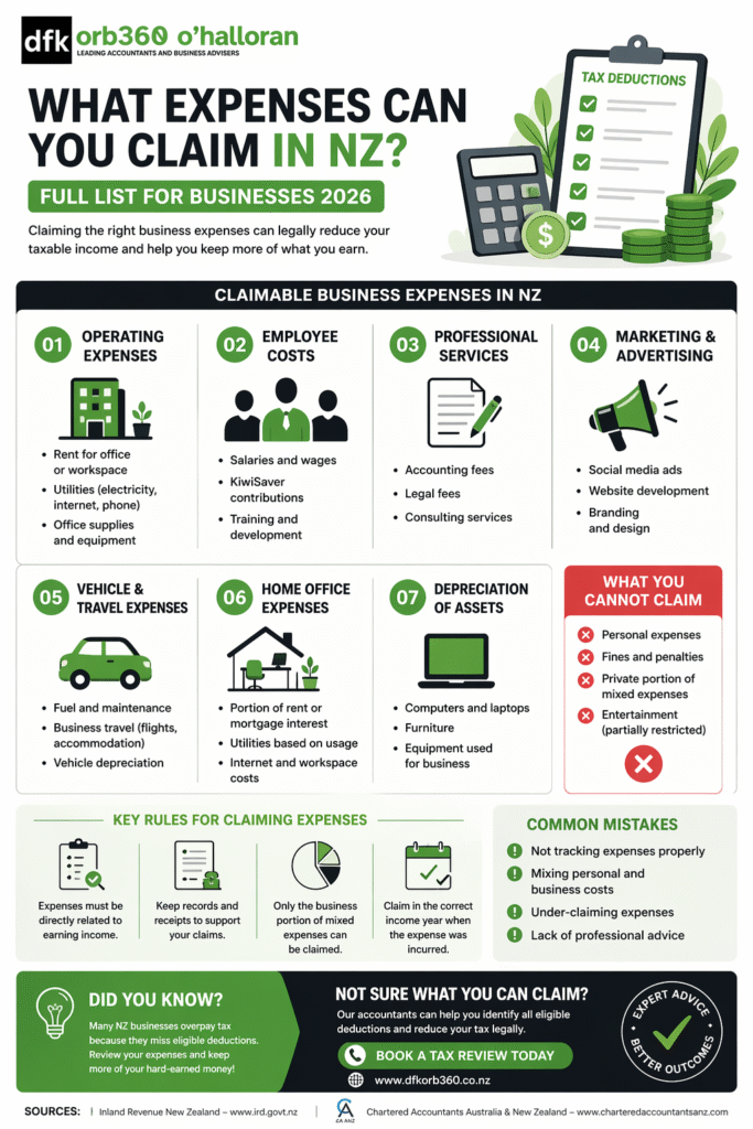 What expenses can you claim in NZ infographic showing business tax deductions list and examples for 2026