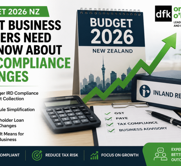 Budget 2026 NZ infographic highlighting IRD compliance changes, GST obligations, PAYE reporting requirements, and tax updates for New Zealand businesses.