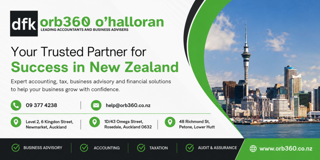 DFK Orb360 business advisory banner with Auckland office locations and contact information in New Zealand