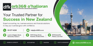 DFK Orb360 business advisory banner with Auckland office locations and contact information in New Zealand