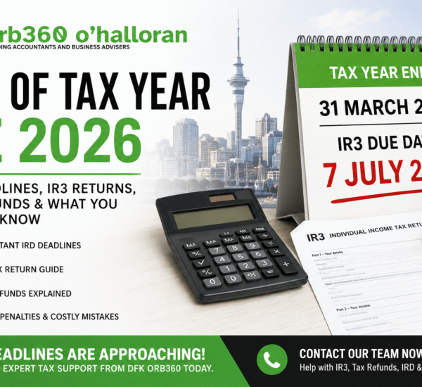 End of Tax Year NZ 2026 guide showing IRD deadlines, IR3 due date, tax refunds, and DFK Orb360 accounting support