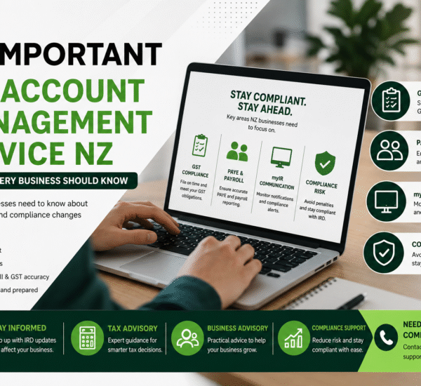 IRD Account Management Service NZ featured image showing payroll compliance, GST obligations, myIR communication, and business compliance updates for New Zealand businesses.