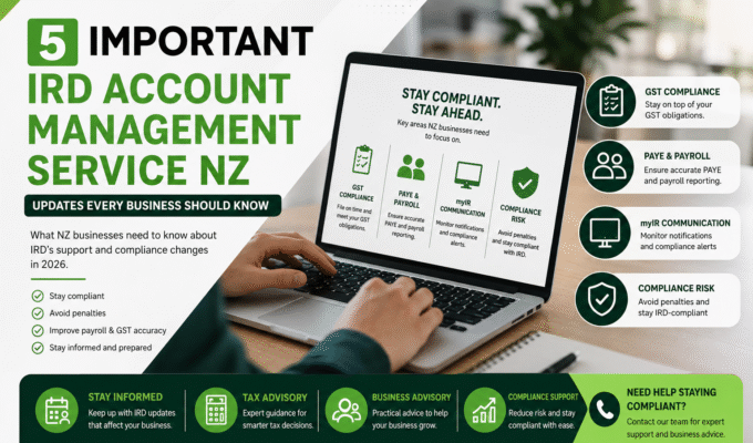 IRD Account Management Service NZ featured image showing payroll compliance, GST obligations, myIR communication, and business compliance updates for New Zealand businesses.