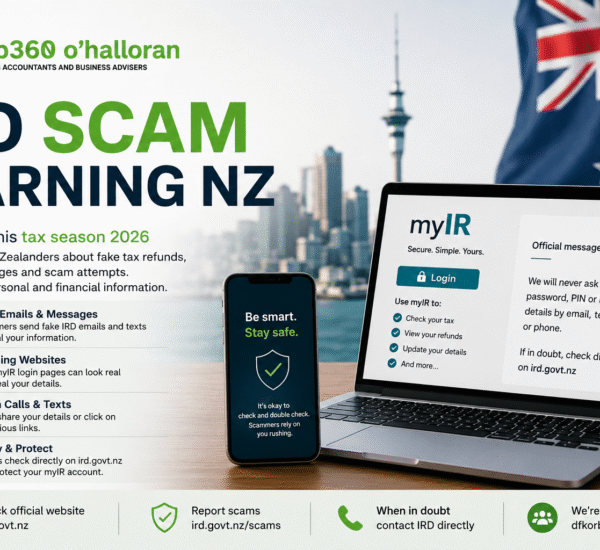 IRD Scam Warning NZ 2026 infographic showing fake tax refund scams, phishing emails, and myIR security alerts in New Zealand