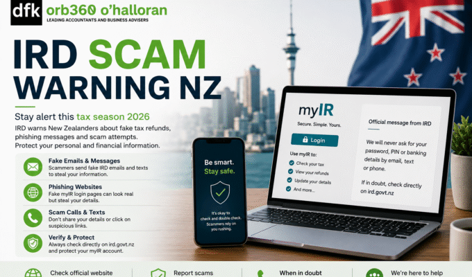 IRD Scam Warning NZ 2026 infographic showing fake tax refund scams, phishing emails, and myIR security alerts in New Zealand