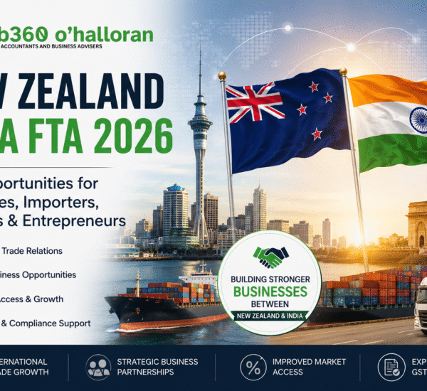 New Zealand India FTA 2026 feature image showing trade opportunities between New Zealand and India with DFK Orb360 branding