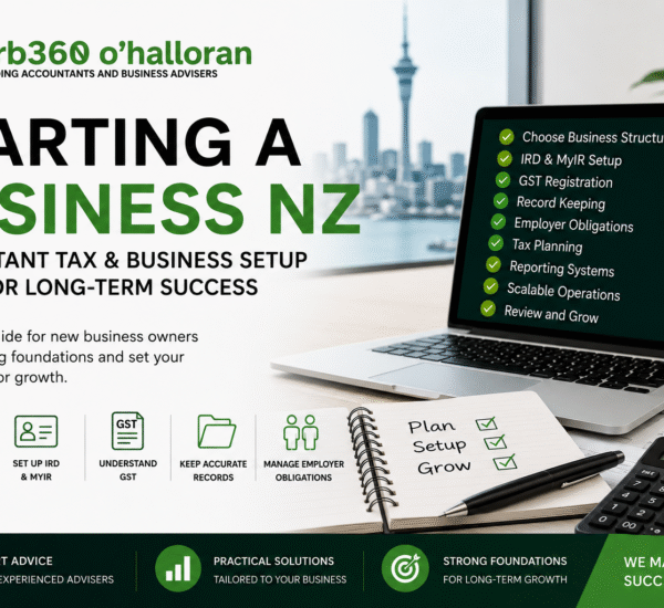 Starting a Business NZ feature image showing 9 important tax and business setup steps including IRD setup, GST registration, reporting systems and business planning by DFK Orb360.