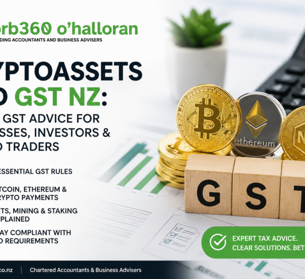 Cryptoassets and GST NZ by DFK Orb360 showing expert GST advice for businesses, investors, and crypto traders, including Bitcoin, Ethereum, NFTs, crypto mining, staking, and cryptocurrency payments in New Zealand.