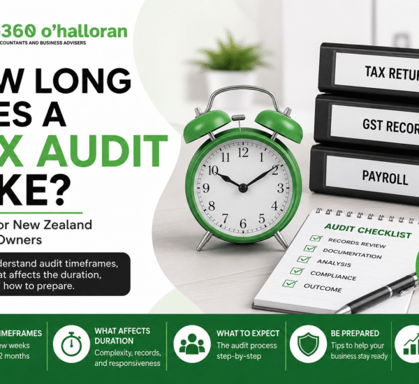 How Long Does a Tax Audit Take in New Zealand guide for business owners showing audit timeframes, GST reviews, payroll compliance, and Inland Revenue audit preparation