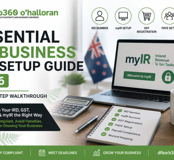 NZ Business IRD Setup Guide 2026 showing IRD registration, myIR setup, GST registration, PAYE setup, payroll compliance, and business tax requirements in New Zealand