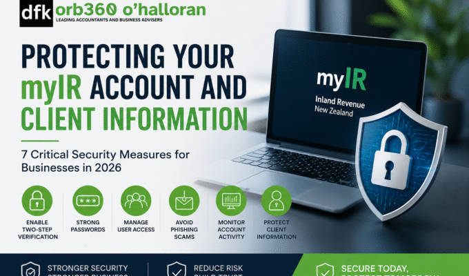 Protecting your myIR account and client information with cybersecurity best practices, two-step verification, phishing protection, and secure business tax management in New Zealand.