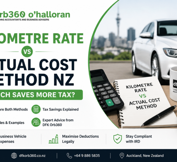 Kilometre Rate vs Actual Cost Method NZ comparison guide by DFK Orb360 showing business vehicle expense claim options for New Zealand businesses