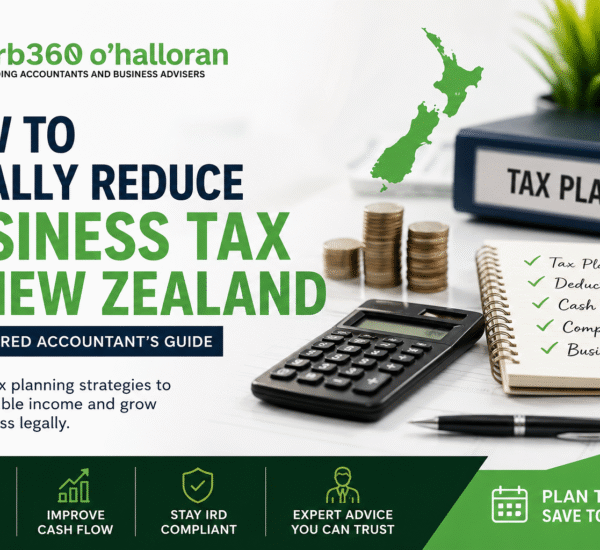 How to Legally Reduce Business Tax in New Zealand guide by DFK Orb360 featuring tax planning strategies, business deductions, and IRD compliance for New Zealand businesses.