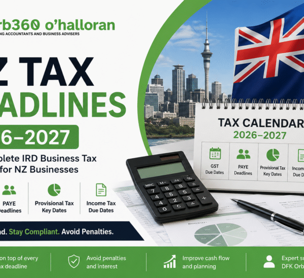 NZ Tax Deadlines 2026–2027 guide showing the IRD Business Tax Calendar for GST, PAYE, Provisional Tax and Income Tax by DFK Orb360.
