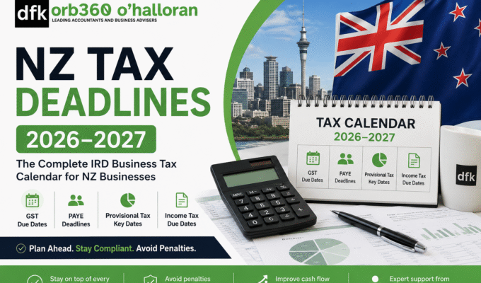 NZ Tax Deadlines 2026–2027 guide showing the IRD Business Tax Calendar for GST, PAYE, Provisional Tax and Income Tax by DFK Orb360.