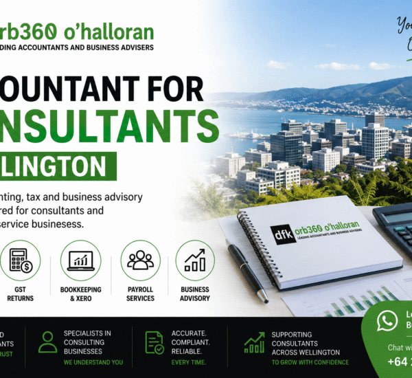 Accountant for Consultants Wellington by DFK Orb360 featuring professional accounting services, tax planning, GST returns, bookkeeping, payroll, Xero cloud accounting, and business advisory.
