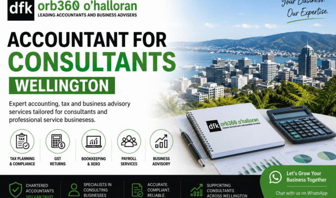 Accountant for Consultants Wellington by DFK Orb360 featuring professional accounting services, tax planning, GST returns, bookkeeping, payroll, Xero cloud accounting, and business advisory.