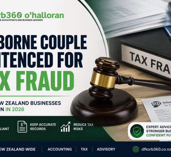 Feature image for Gisborne Couple Sentenced for Tax Fraud article by DFK Orb360 showing a judge's gavel, tax documents, calculator, and key tax compliance lessons for New Zealand businesses.