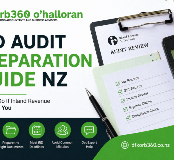 IRD Audit Preparation Guide NZ by DFK Orb360 showing an Inland Revenue audit checklist, tax records, GST returns, and audit preparation steps for New Zealand businesses.
