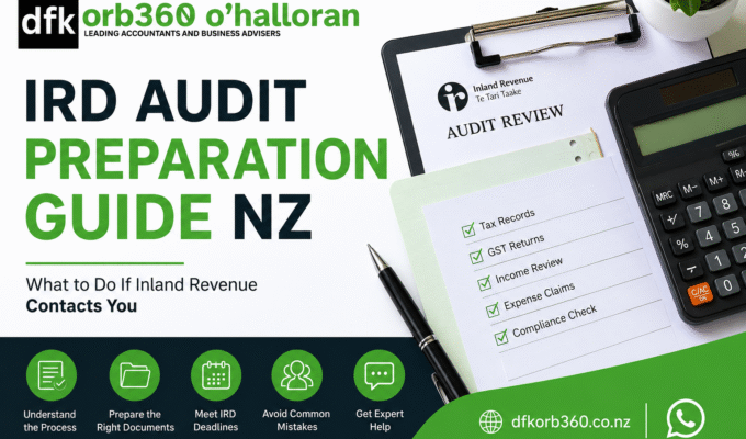 IRD Audit Preparation Guide NZ by DFK Orb360 showing an Inland Revenue audit checklist, tax records, GST returns, and audit preparation steps for New Zealand businesses.